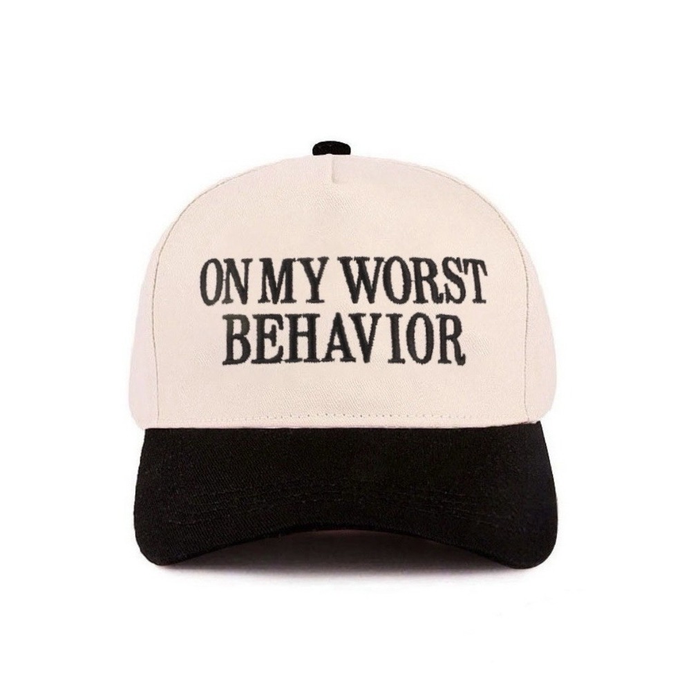 On My Worst Behavior Funny Hat * Black Cream Adjustable  NWT